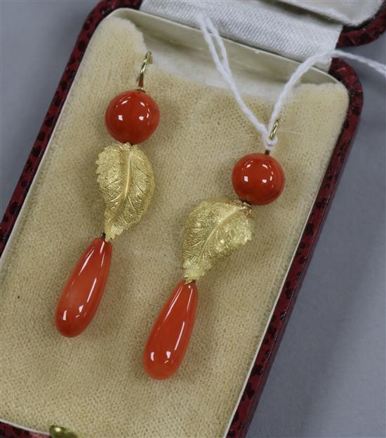 A pair of yellow metal leaf and coral drop earrings, 40mm.